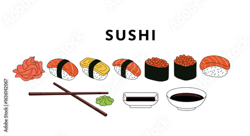 Colorful Sushi Set Illustration with Ginger, Wasabi, Soy Sauce, and Chopsticks