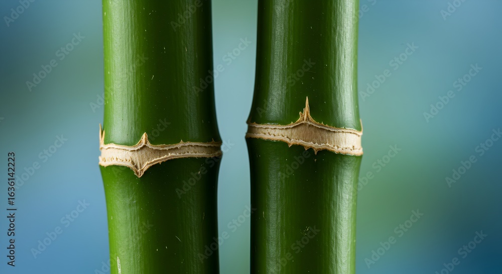 Obraz premium A macro shot of two lush green bamboo stalks, showcasing the natural texture and beauty, perfect for nature and wellness-related themes.