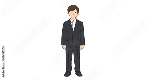 Confident young man in a dark suit stands against a plain background.