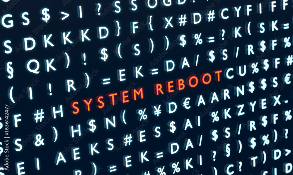 Obraz premium System reboot symbol in red between encrypted data. System configuration, computer, server, network, security, digital data, encryption. 3D illustration