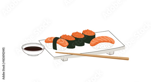 Exquisite sushi platter featuring salmon nigiri and tobiko gunkanmaki with soy sauce.