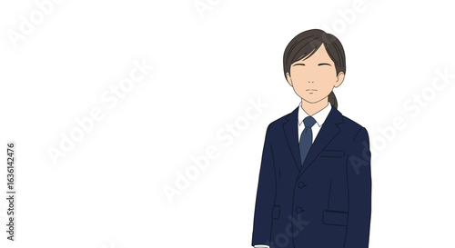 Professional woman in dark suit and tie illustration looking directly at the viewer.