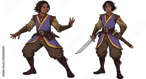 Character concept art featuring a fantasy warrior with a sword and hand gesture