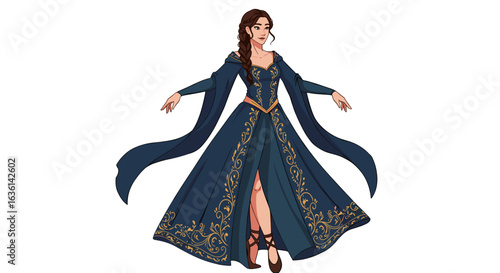 Elegant woman with braids wearing a dark blue gown with golden ornaments