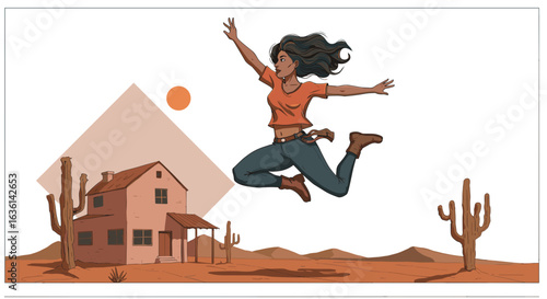 Animated style illustration of a woman exuberantly jumping in a desert landscape