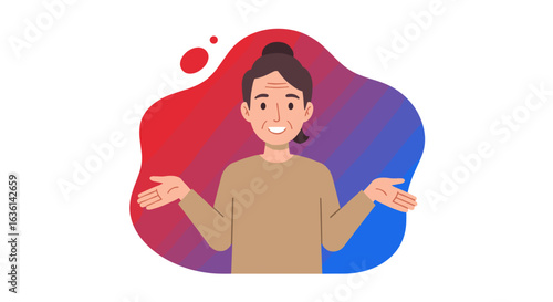 Expressive woman with hands up in gesture against colorful abstract background illustration
