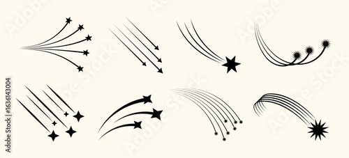 Fantasy star and shooting comet icons with speed trails and shining silhouettes. Use for abstract decoration, lucky gift cards or cosmic themed Y2K graphic elements.
