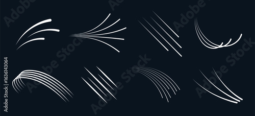 Shooting star and meteor set in flat style with fireworks spark trails, light striped lines and cosmic effect. Perfect for night sky designs, space themed logos or magical falling star illustrations.
