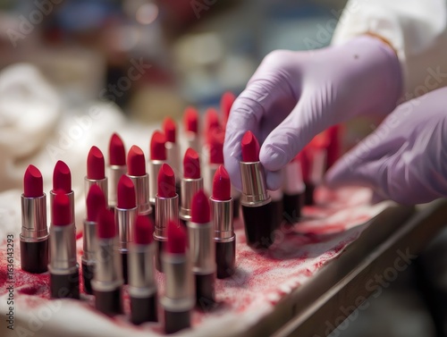 Gloved hands of a factory worker inspecting red lipsticks on the production line of a cosmetics factory, ensuring quality control and preparing them for packaging and distribution