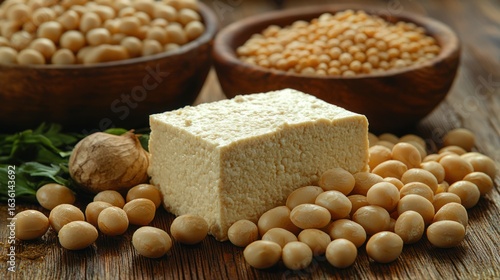 Tofu and soybeans on wooden background