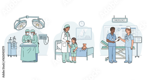 Three scenes depicting healthcare: surgeons operating, a doctor with a child patient, and nurses exchanging information in an emergency room.