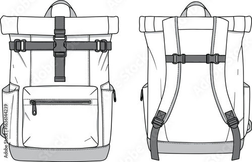 Stylish backpack CAD drawing, flat vector illustration, front and back view, technical design, travel gear, school bag, hiking accessory