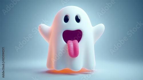 Glow-in-the-dark Halloween ghost with silly tongue, cute spooky, playful design, hazy white background