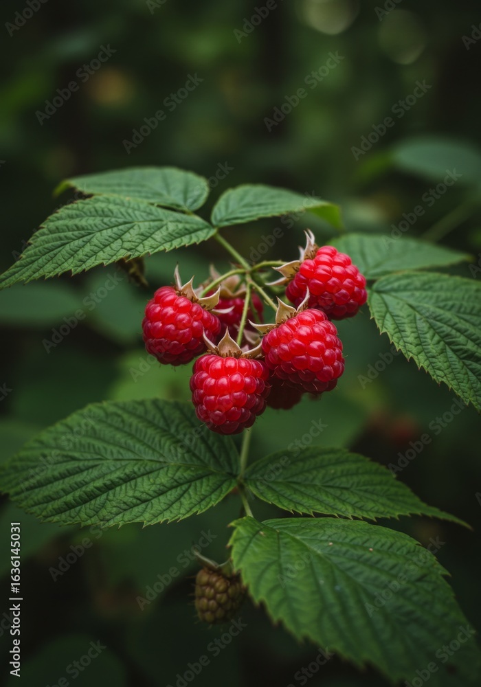Ripe Red Raspberries on Green Bush Ripe Red Raspberries on Green Bush