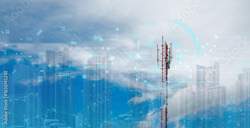 Mobile signal tower, telecommunication with 5G cellular network, global connectivity and internet network concept on sky and city background.