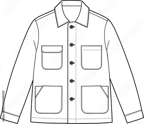 Stylish utility jacket CAD drawing, flat vector illustration, detailed design, fashion template, technical sketch, outerwear, garment layout, apparel blueprint