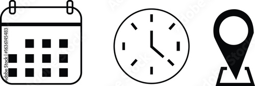 Minimalist Outline Icons for Clock, Calendar, and Map Pin