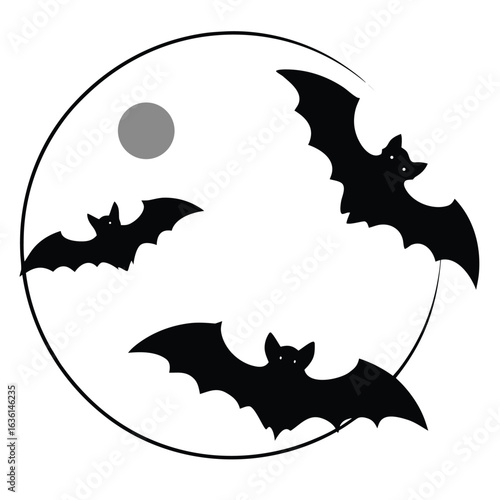 Three black bats flying around a grey moon vector