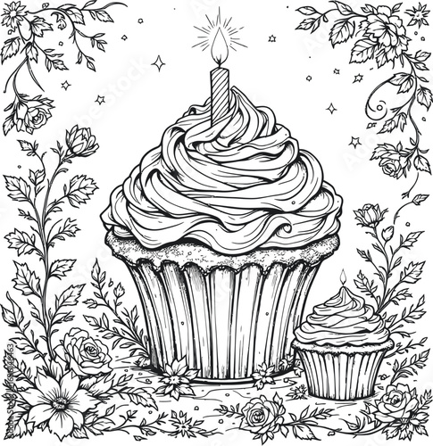 Black and white cupcake illustration with candle, ornate floral border, stars and sparkles for celebration or coloring page