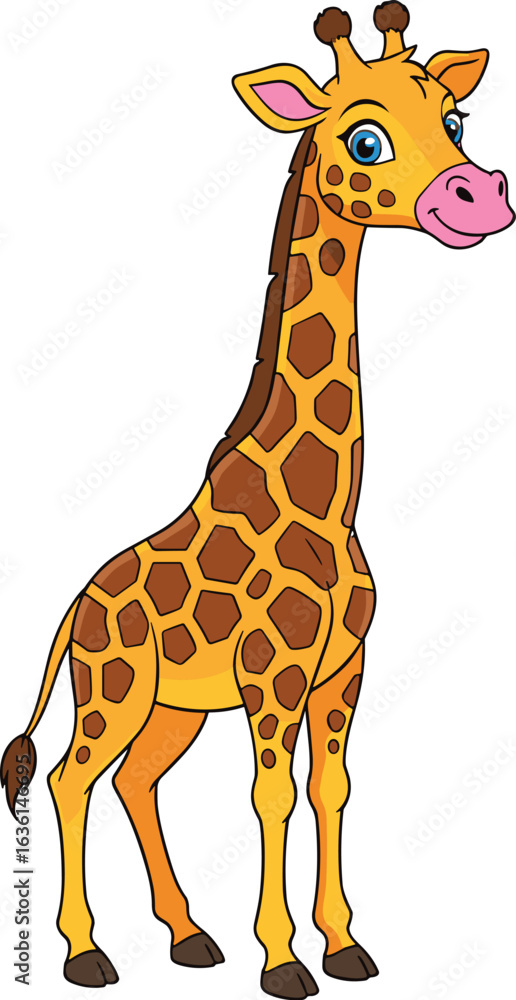 Fototapeta premium Cartoon Giraffe Standing — Yellow Animal with Brown Spots, Blue Eyes, Pink Snout, and Tufted Tail in Friendly Pose