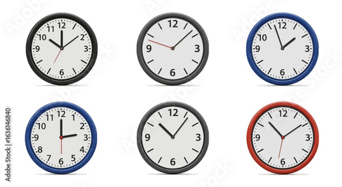 Six colorful wall clocks displaying different times, isolated on white background.