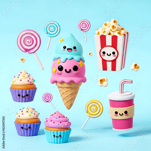 Cute Cartoon Sweets and Snacks - Ice Cream, Cupcakes, Lollipops, Popcorn, and Drink