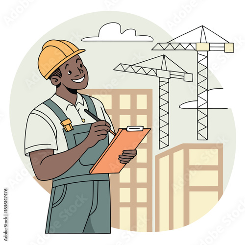 Illustrated Construction Foreman Taking Notes Near a Crane and Building Sketch