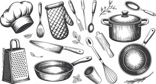 Black and white hand-drawn kitchen utensil set with chef hat, cookware, cutlery, and baking tools vintage vector illustration