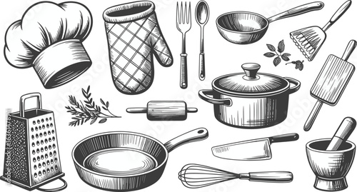 Black and white hand-drawn kitchen utensil set with chef hat, cookware, cutlery, and baking tools vintage vector illustration
