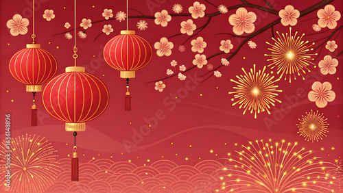 A festive chinese new year scene with red lanterns, golden fireworks, and blossoming cherry branches, celebrating the traditional holiday with vibrant colors and cultural symbols