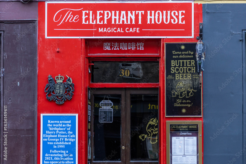 Fototapeta premium Edinburgh, Scotland: The Elephant House, Magical Cafe, the red entrance to the cafe where Harry Potter was written