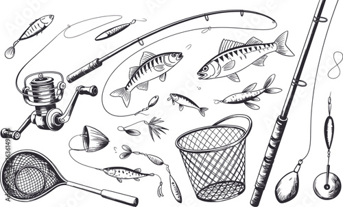 Hand-drawn fishing gear sketch set with rods, reels, lures, hooks, fish, net, bait, and detailed black and white illustration