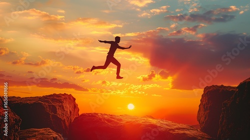 silhouette jumping across cliff gap symbolizing opportunity leap