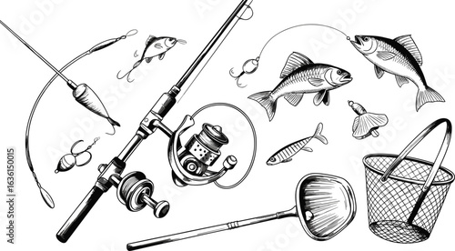 Hand-drawn fishing gear sketch set with rods, reels, lures, hooks, fish, net, bait, and detailed black and white illustration
