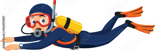Cartoon Scuba Diver Swimming — Blue Wetsuit with Orange Fins, Yellow Tank, and Red Snorkel in Underwater Horizontal Pose