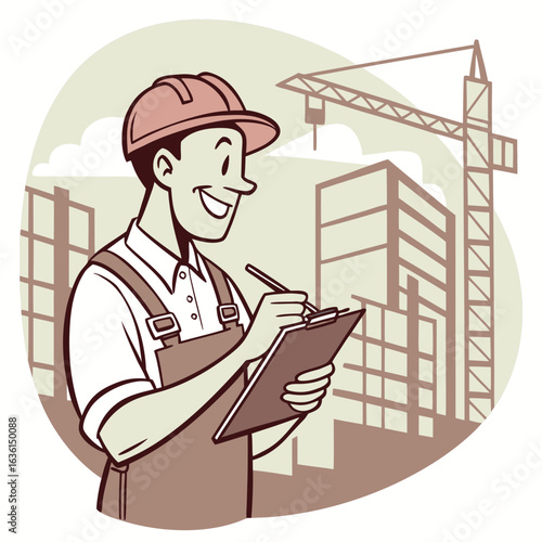 Illustrated Construction Foreman Taking Notes Near a Crane and Building Sketch