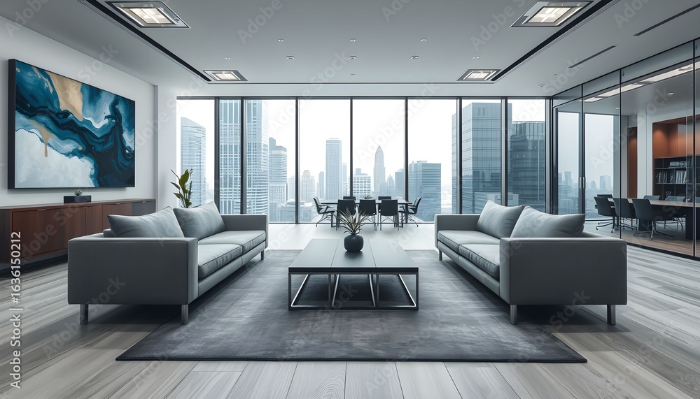 Fototapeta premium Modern office interior with two sofas facing each other, a coffee table, and a large window overlooking a cityscape.