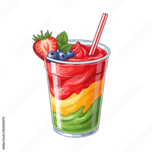 A detailed illustration of a colorful, layered fruit smoothie in a to-go cup, garnished with fresh strawberry, blueberry, and mint