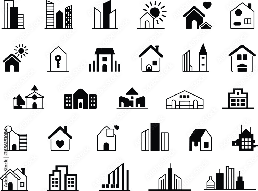 Fototapeta premium Set of 30 black and white minimalist real estate, house, apartment, and construction icons for property and architecture design