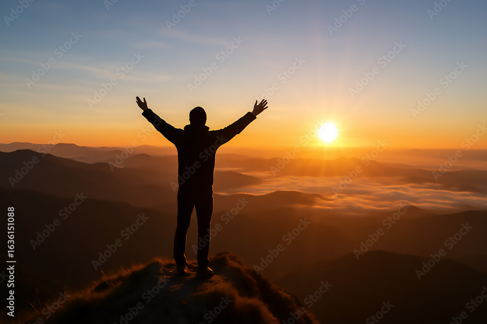 Fototapeta premium Silhouette of person standing on mountain peak with arms raised enjoying sunrise over misty valley and scenic horizon