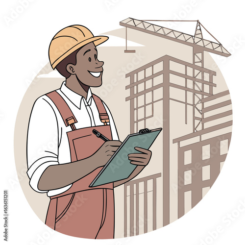 Illustrated Construction Foreman Taking Notes Near a Crane and Building Sketch