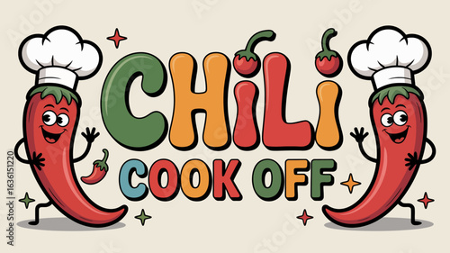 Playful chili cook-off banner with cartoon chef peppers and bubbly font
