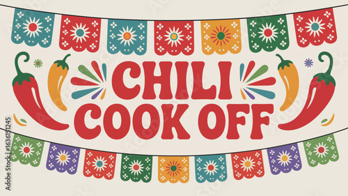 Festive chili cook-off banner with Mexican papel picado patterns