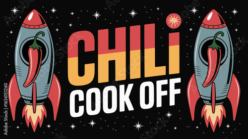 1950s space-themed chili cook-off banner with red peppers and silver accents