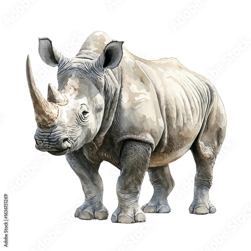 White Rhinoceros, watercolor vector, isolated on a white background.