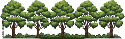 Row of five stylized trees with thick brown trunks, dense bushy green foliage, surrounded by green bushes, nature landscape scene