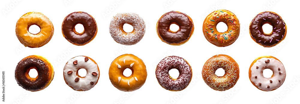 Obraz premium Assorted glazed donuts isolated on white background with colorful toppings. Round sweet pastries feature chocolate, icing, sprinkles, and powdered sugar.