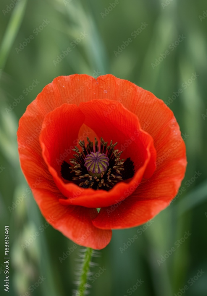 Fototapeta premium Closeup of a Vibrant Red Poppy Flower Against a Green Background