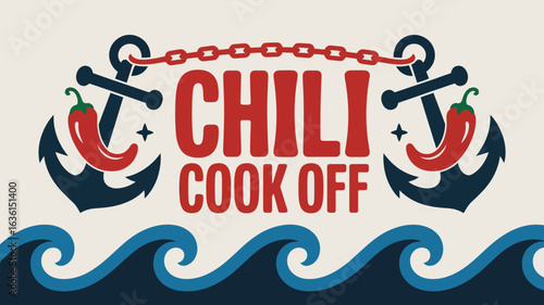 Psychedelic chili cook-off banner with swirling peppers and 60s groovy font