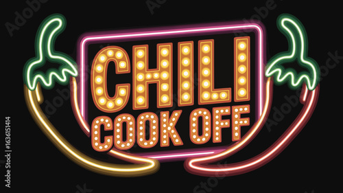 Carnival neon chili cook-off banner with glowing peppers and marquee lights